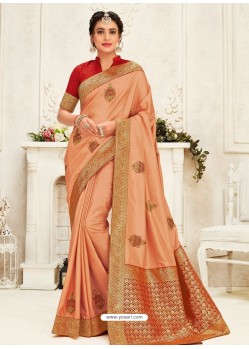 Light Orange Latest Designer Party Wear Embroidered Poly Silk Sari