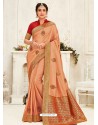 Light Orange Latest Designer Party Wear Embroidered Poly Silk Sari