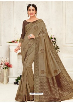 Taupe Latest Designer Party Wear Embroidered Poly Silk Sari