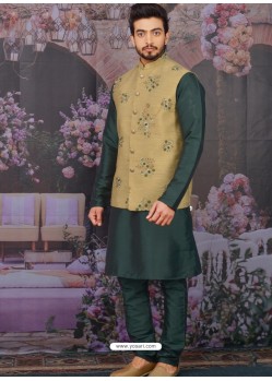 Dark Green Readymade Designer Kurta Pajama With Jacket For Men