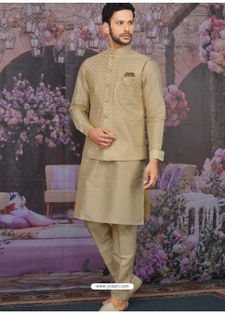 Gold Readymade Designer Kurta Pajama With Jacket For Men