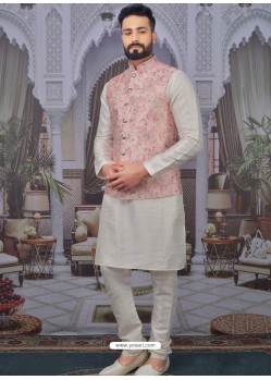 Off White Readymade Designer Kurta Pajama With Jacket For Men