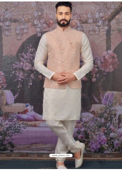 White Readymade Designer Kurta Pajama With Jacket For Men