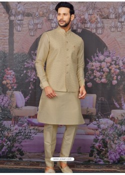 Flawless Beige Readymade Designer Kurta Pajama With Jacket For Men