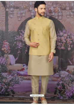 Beige Readymade Designer Kurta Pajama With Jacket For Men