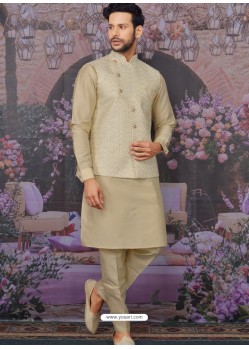 Flawless Beige Readymade Designer Kurta Pajama With Jacket For Men