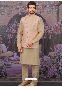 Dashing Gold Readymade Designer Kurta Pajama With Jacket For Men