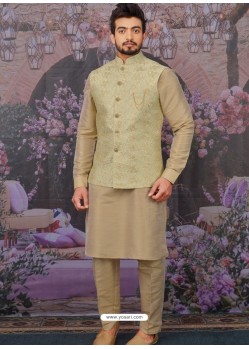 Trendy Gold Readymade Designer Kurta Pajama With Jacket For Men