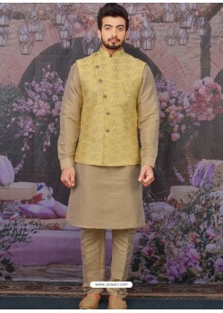 Gold Readymade Designer Kurta Pajama With Jacket For Men