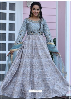 Aqua Grey Heavy Embroidered Designer Party Wear Gown Style Anarkali Suit
