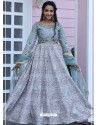 Aqua Grey Heavy Embroidered Designer Party Wear Gown Style Anarkali Suit