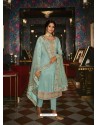 Sky Blue Designer Party Wear Pure Tussar Silk Straight Salwar Suit