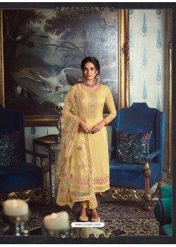 Light Yellow Designer Party Wear Pure Tussar Silk Straight Salwar Suit