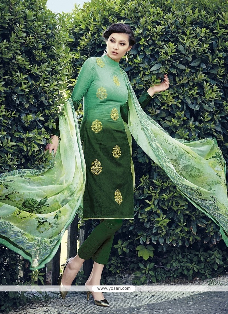 Simplistic Green Resham Work Jacquard Designer Salwar Kameez