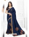 Navy Blue Designer Embroidered Vichitra Silk Party Wear Sari