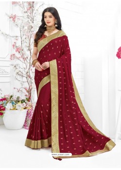 Maroon Designer Embroidered Vichitra Silk Party Wear Sari
