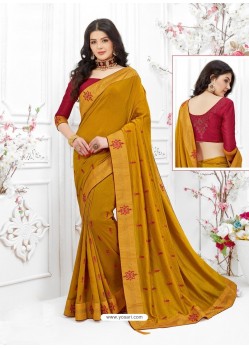 Mustard Designer Embroidered Vichitra Silk Party Wear Sari