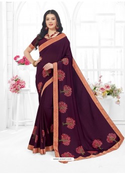 Purple Designer Embroidered Vichitra Silk Party Wear Sari