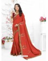 Rust Designer Embroidered Vichitra Silk Party Wear Sari