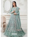 Aqua Grey Heavy Designer Embroidered Party Wear Gown Style Anarkali Suit