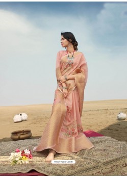 Peach Designer Printed Linen Zari Party Wear Sari