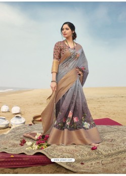 Multi Colour Designer Printed Linen Zari Party Wear Sari