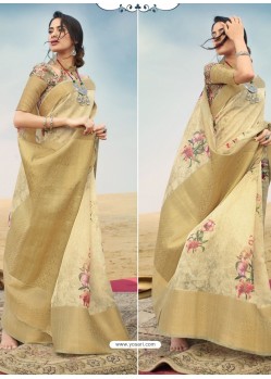 Cream Designer Printed Linen Zari Party Wear Sari