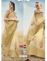 Cream Designer Printed Linen Zari Party Wear Sari