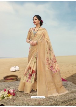 Beige Designer Printed Linen Zari Party Wear Sari