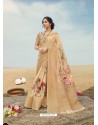 Beige Designer Printed Linen Zari Party Wear Sari