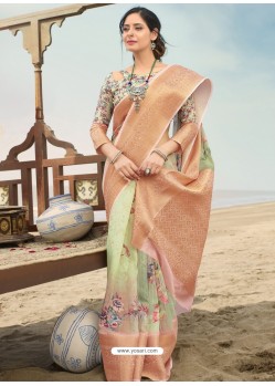 Sea Green Designer Printed Linen Zari Party Wear Sari