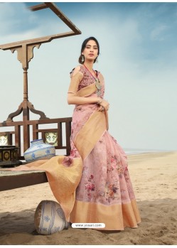 Pink Designer Printed Linen Zari Party Wear Sari