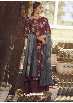 Maroon Designer Wear Pure Pashmina Palazzo Salwar Suit