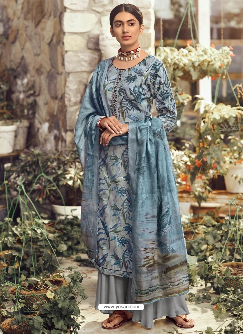 Aqua Grey Designer Wear Pure Pashmina Palazzo Salwar Suit