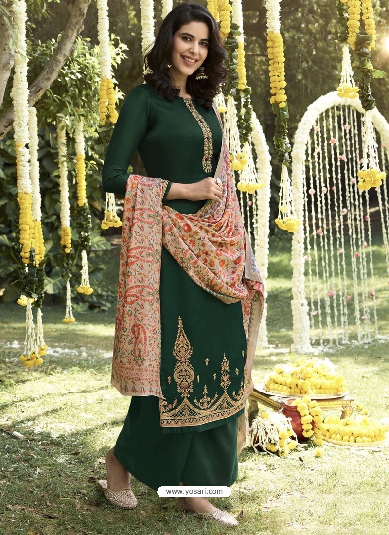 Dark Green Designer Wear Pashmina Palazzo Salwar Suit