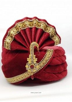 Red Designer Velvet Wedding Turban