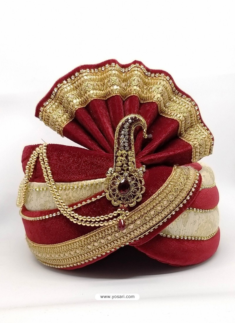Stylish Maroon Designer Velvet Wedding Turban