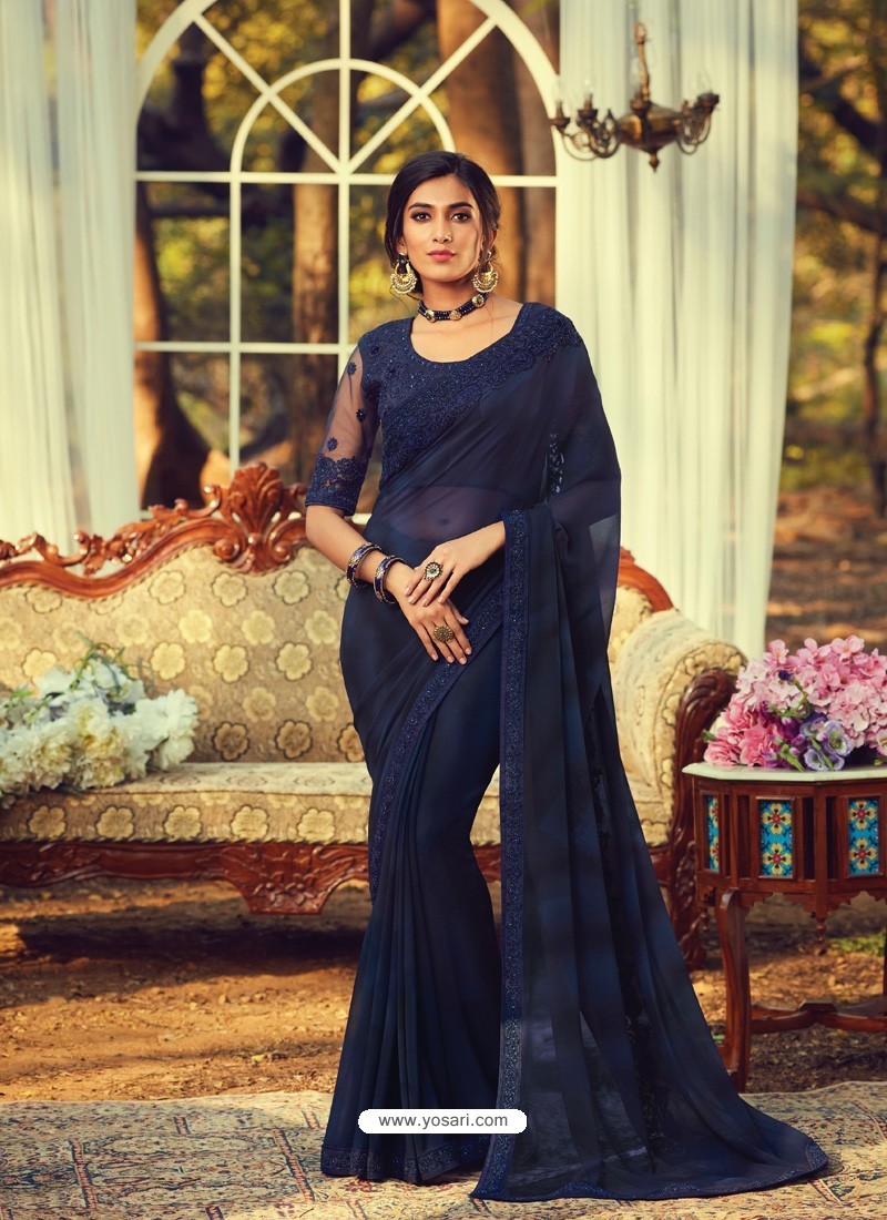Navy Blue Stylish Designer Party Wear Sari