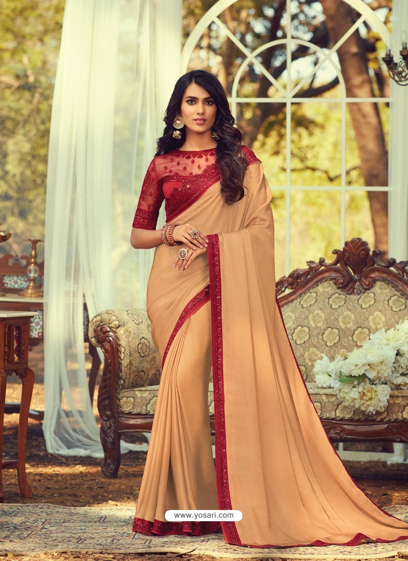 Cream Stylish Designer Party Wear Sari