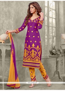 Distinctive Resham Work Cotton Purple Designer Straight Salwar Kameez