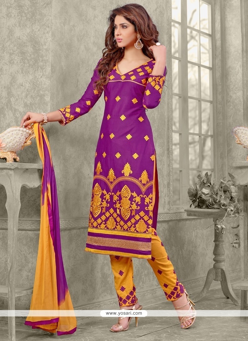 Distinctive Resham Work Cotton Purple Designer Straight Salwar Kameez