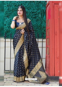 Navy Blue Latest Designer Party Wear Makunda Silk Wedding Sari