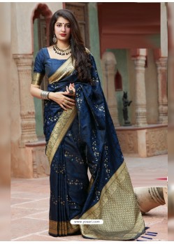 Dark Blue Latest Designer Party Wear Makunda Silk Wedding Sari
