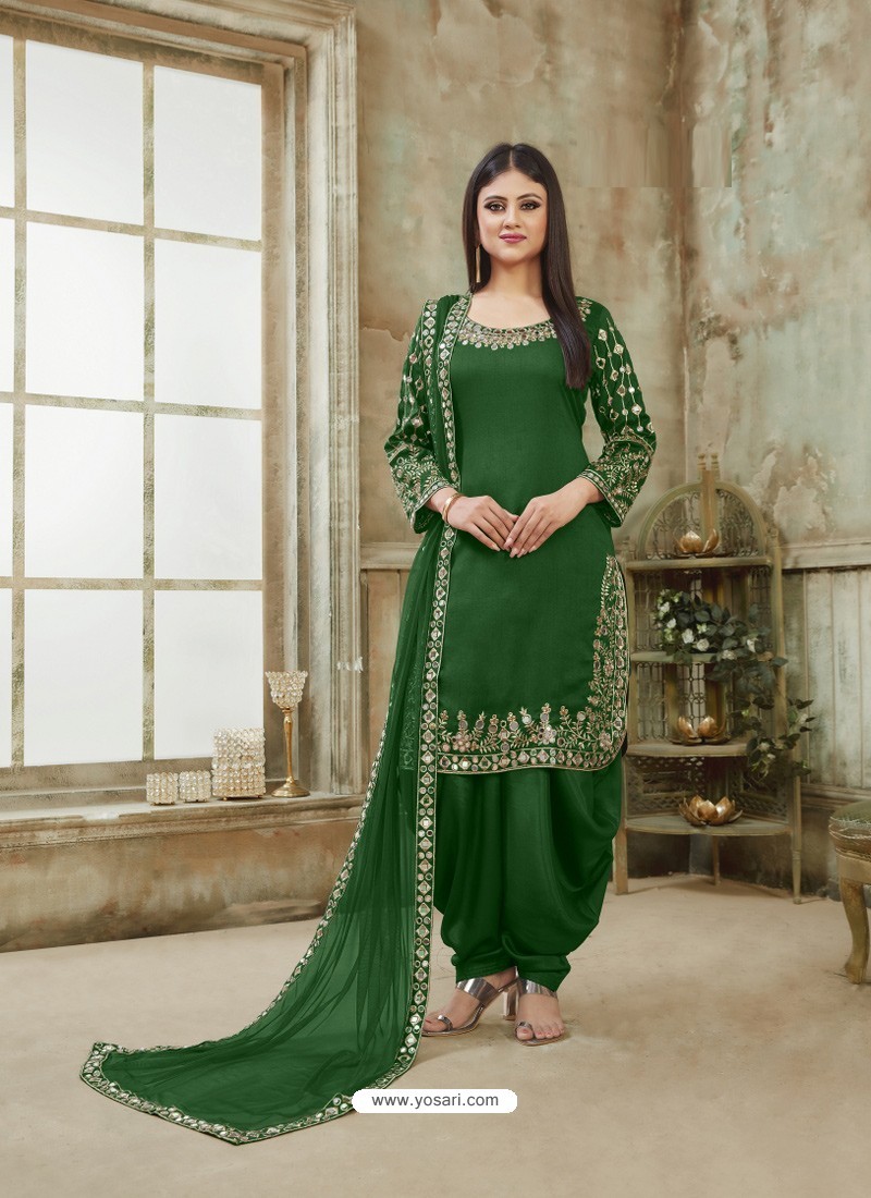 Forest Green Designer Party Wear Art Silk Punjabi Patiala Suit