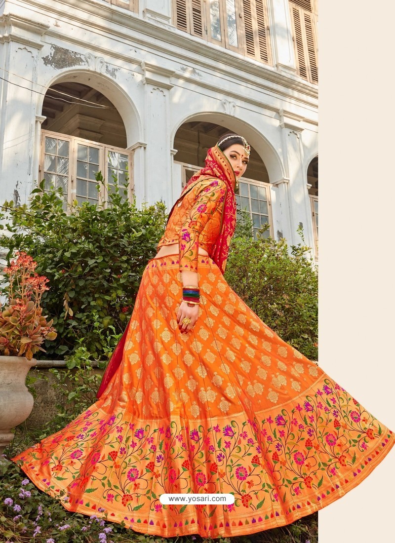 Orange Embroidered Designer Banarasi Silk Wedding Lehenga Choli