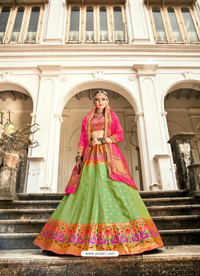 Green Embroidered Designer Banarasi Silk Wedding Lehenga Choli