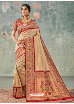 Beige Designer Party Wear Pure Handloom Silk Wedding Sari