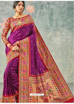 Purple Designer Party Wear Pure Handloom Silk Wedding Sari
