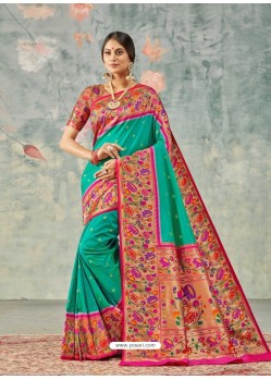 Aqua Mint Designer Party Wear Pure Handloom Silk Wedding Sari