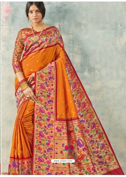 Orange Designer Party Wear Pure Handloom Silk Wedding Sari